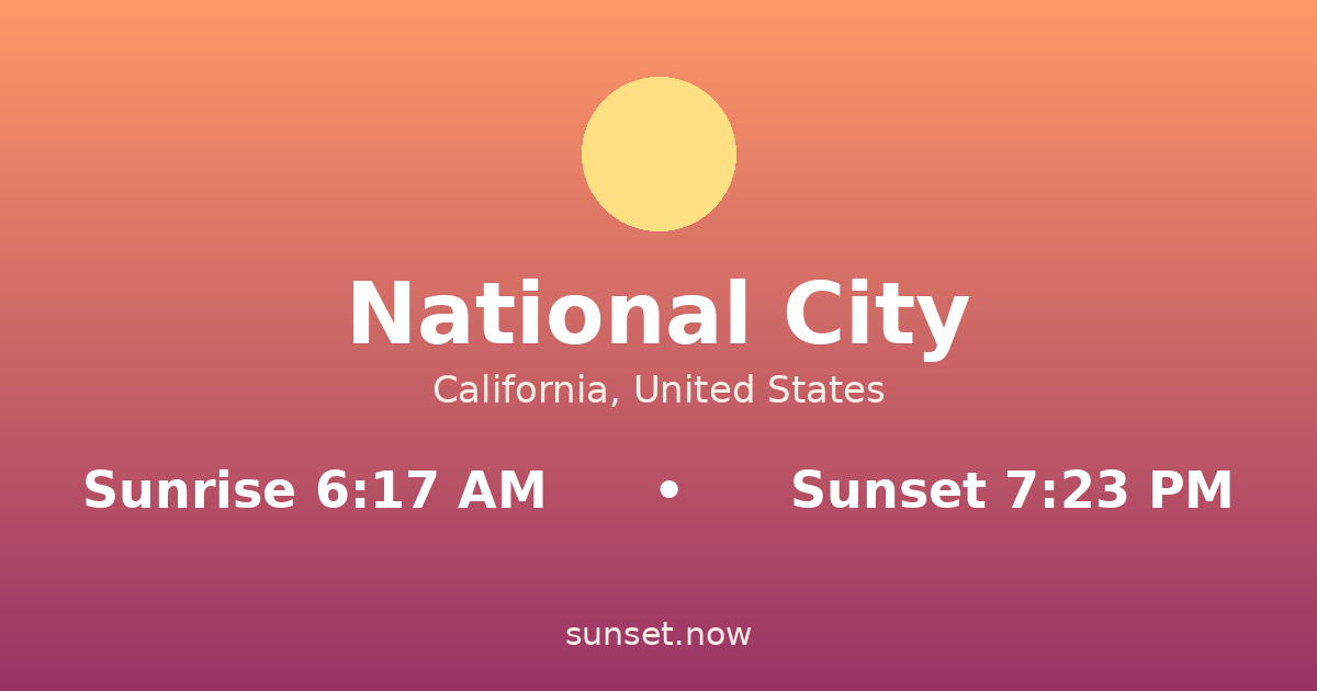 Sunrise & sunset times in National City, California — sunrise 6:17 AM, sunset 7:23 PM