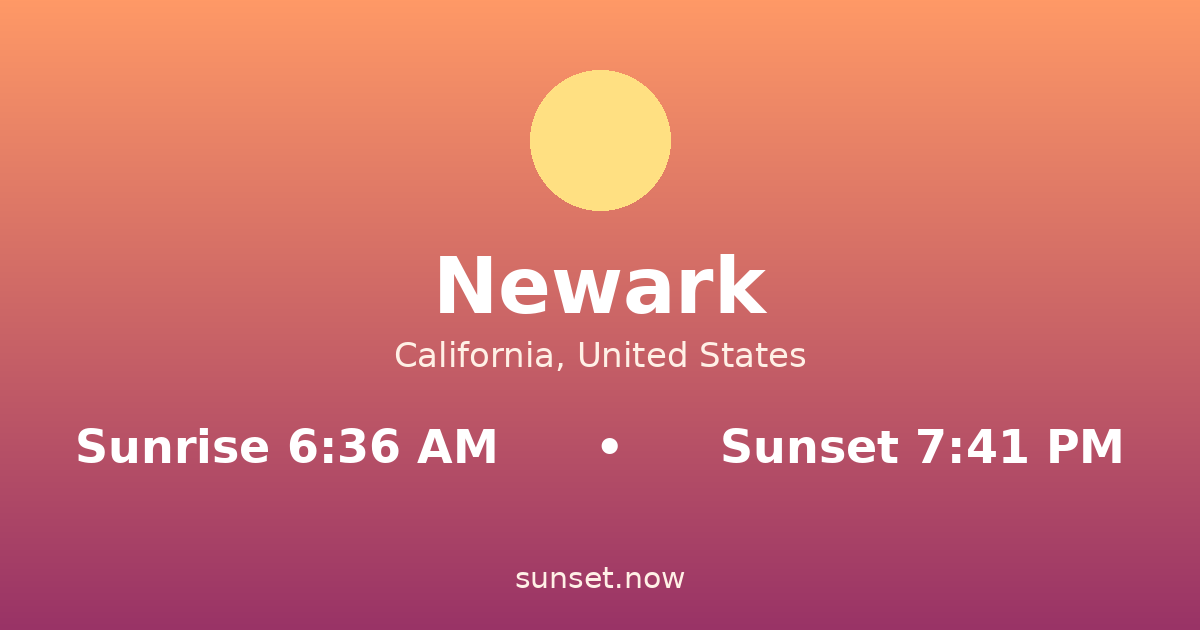 Sunrise & sunset times in Newark, California — sunrise 6:36 AM, sunset 7:41 PM
