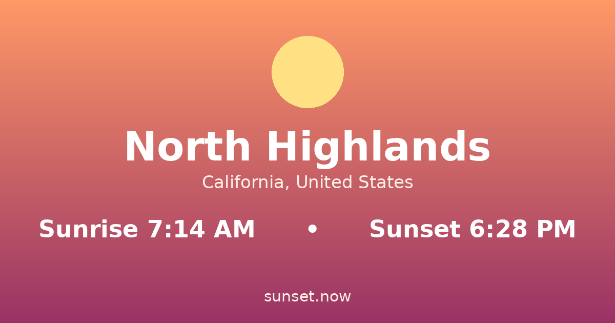 Sunrise & sunset times in North Highlands, California — sunrise 7:14 AM, sunset 6:28 PM