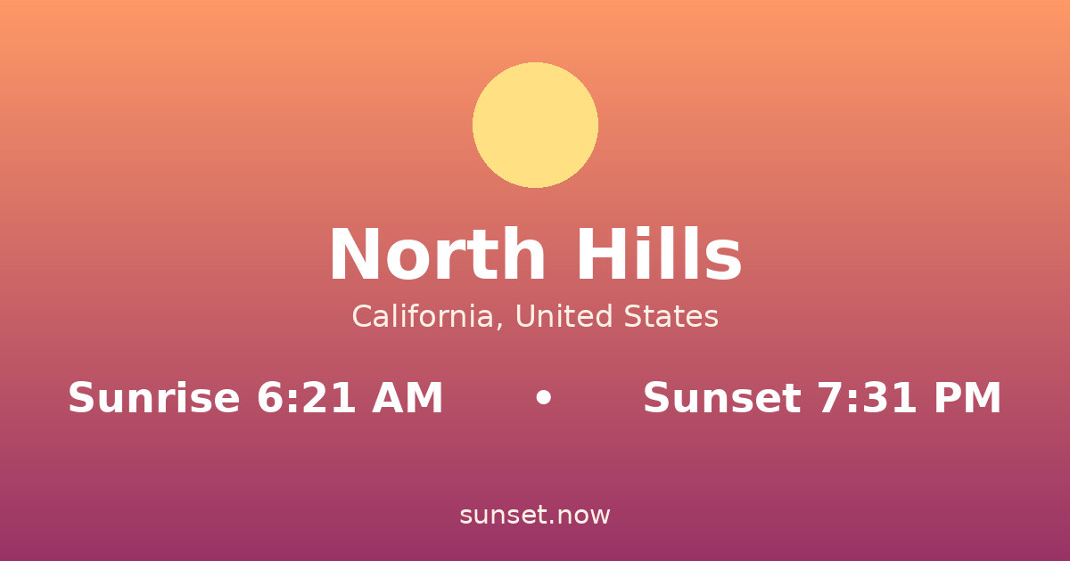 Sunrise & sunset times in North Hills, California — sunrise 6:21 AM, sunset 7:31 PM