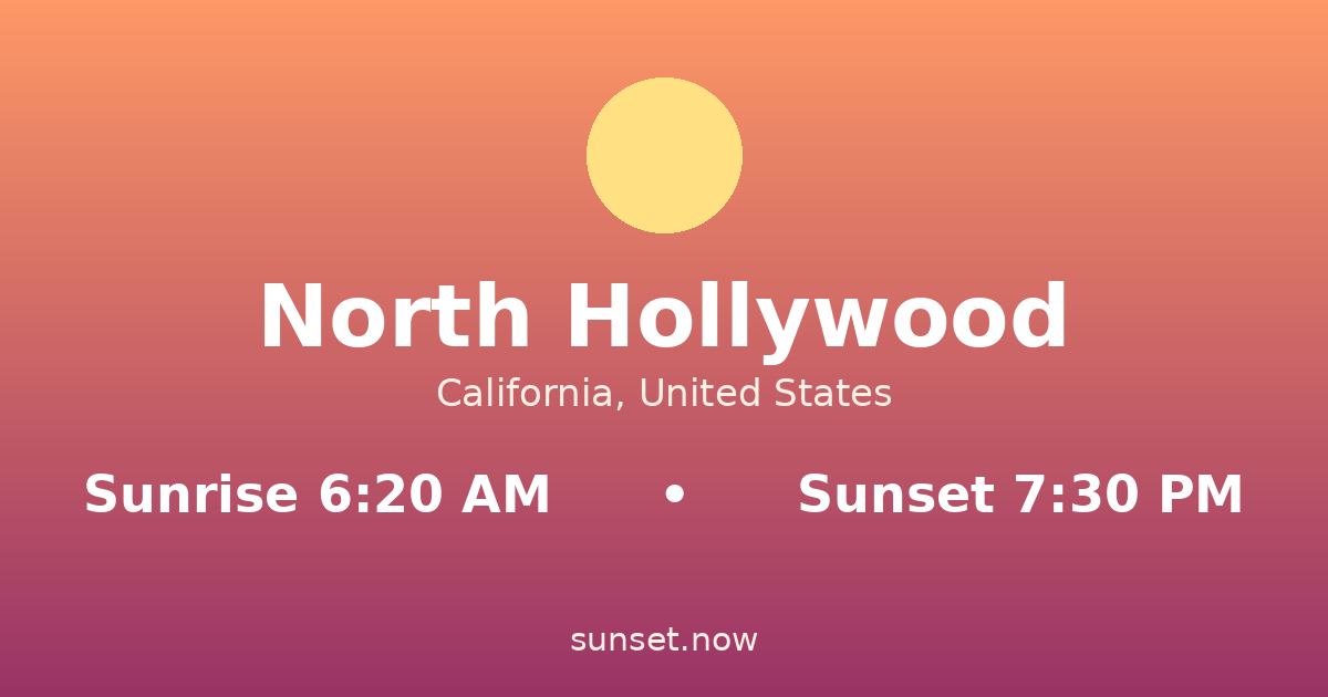 Sunrise & sunset times in North Hollywood, California — sunrise 6:20 AM, sunset 7:30 PM