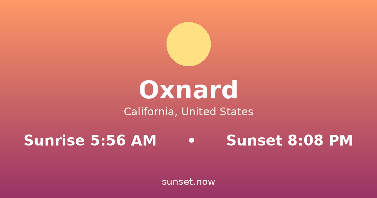 Sunrise & sunset times in Oxnard, California — sunrise 5:56 AM, sunset 8:08 PM