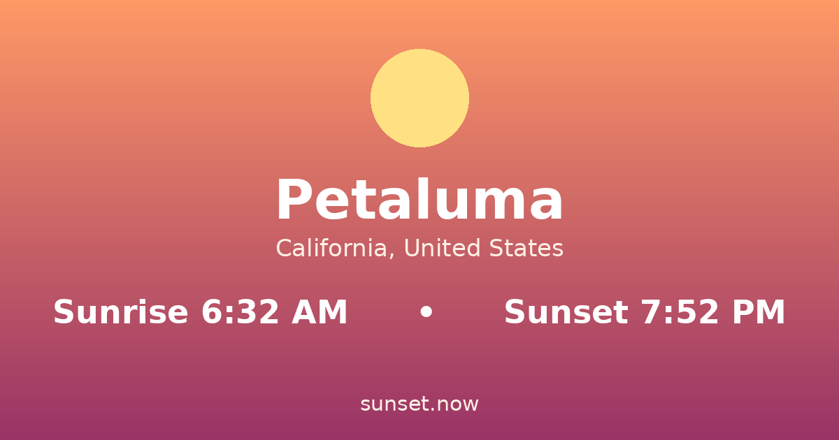 Sunrise & sunset times in Petaluma, California — sunrise 6:32 AM, sunset 7:52 PM