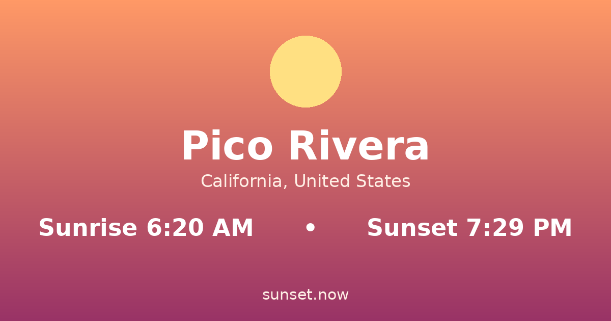 Sunrise & sunset times in Pico Rivera, California — sunrise 6:20 AM, sunset 7:29 PM