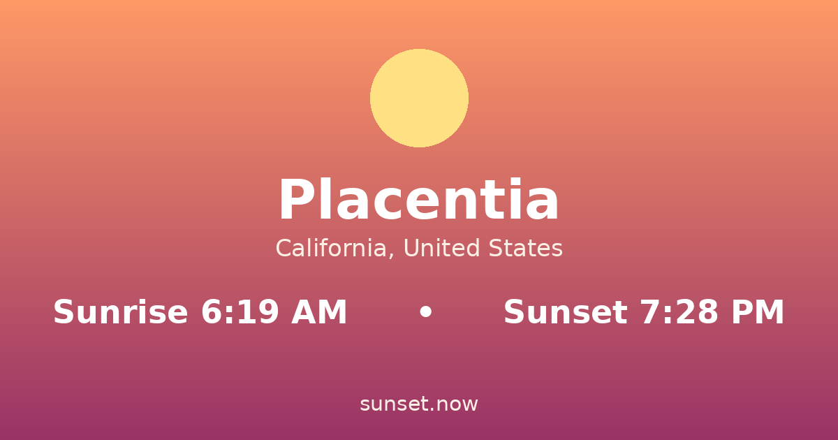 Sunrise & sunset times in Placentia, California — sunrise 6:19 AM, sunset 7:28 PM