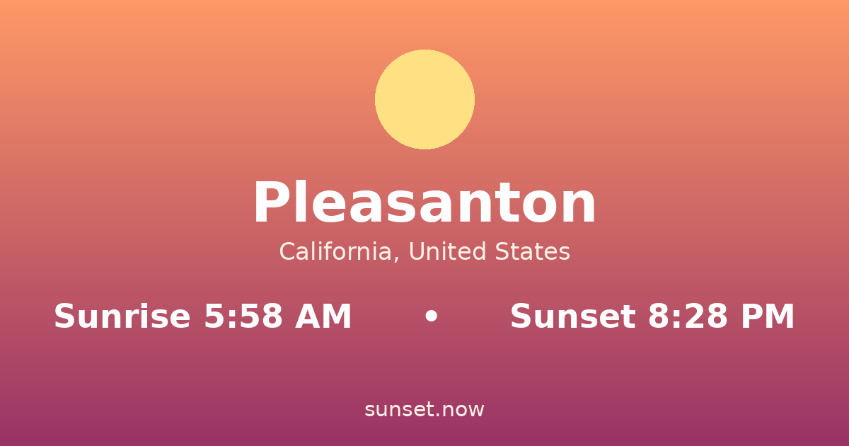 Sunrise & sunset times in Pleasanton, California — sunrise 5:58 AM, sunset 8:28 PM