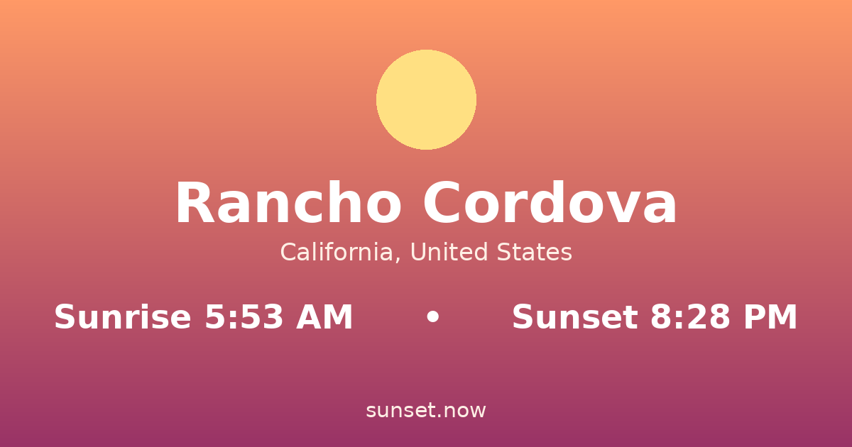 Sunrise & sunset times in Rancho Cordova, California — sunrise 5:53 AM, sunset 8:28 PM