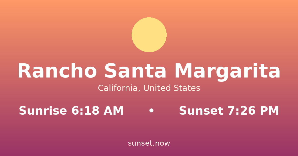 Sunrise & sunset times in Rancho Santa Margarita, California — sunrise 6:18 AM, sunset 7:26 PM