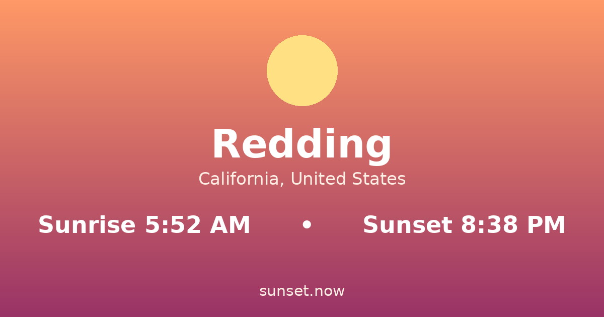 Sunrise & sunset times in Redding, California — sunrise 5:52 AM, sunset 8:38 PM