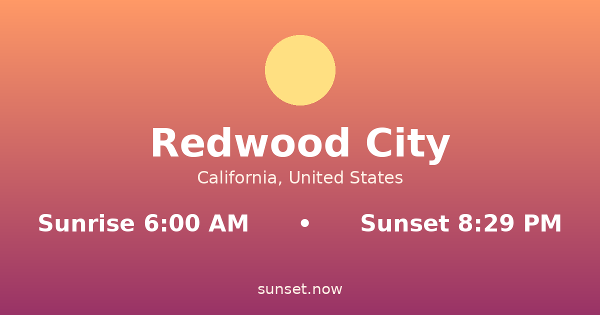 Sunrise & sunset times in Redwood City, California — sunrise 6:00 AM, sunset 8:29 PM