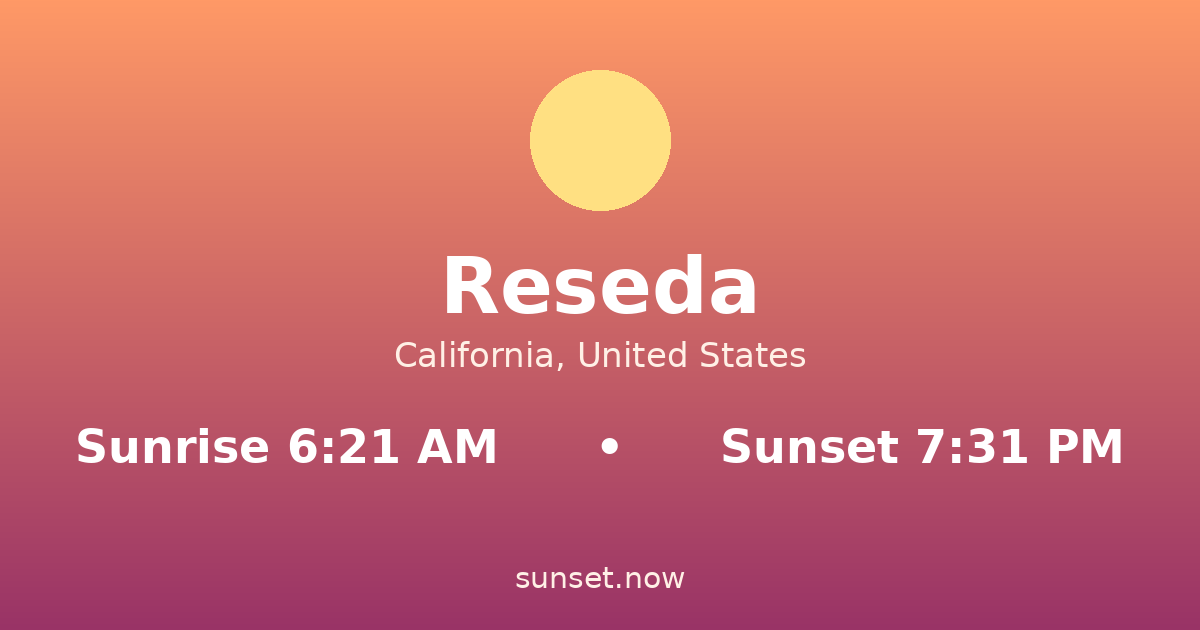 Sunrise & sunset times in Reseda, California — sunrise 6:21 AM, sunset 7:31 PM