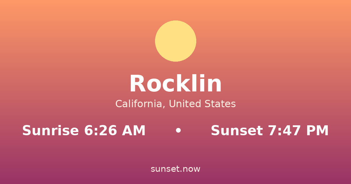 Sunrise & sunset times in Rocklin, California — sunrise 6:26 AM, sunset 7:47 PM