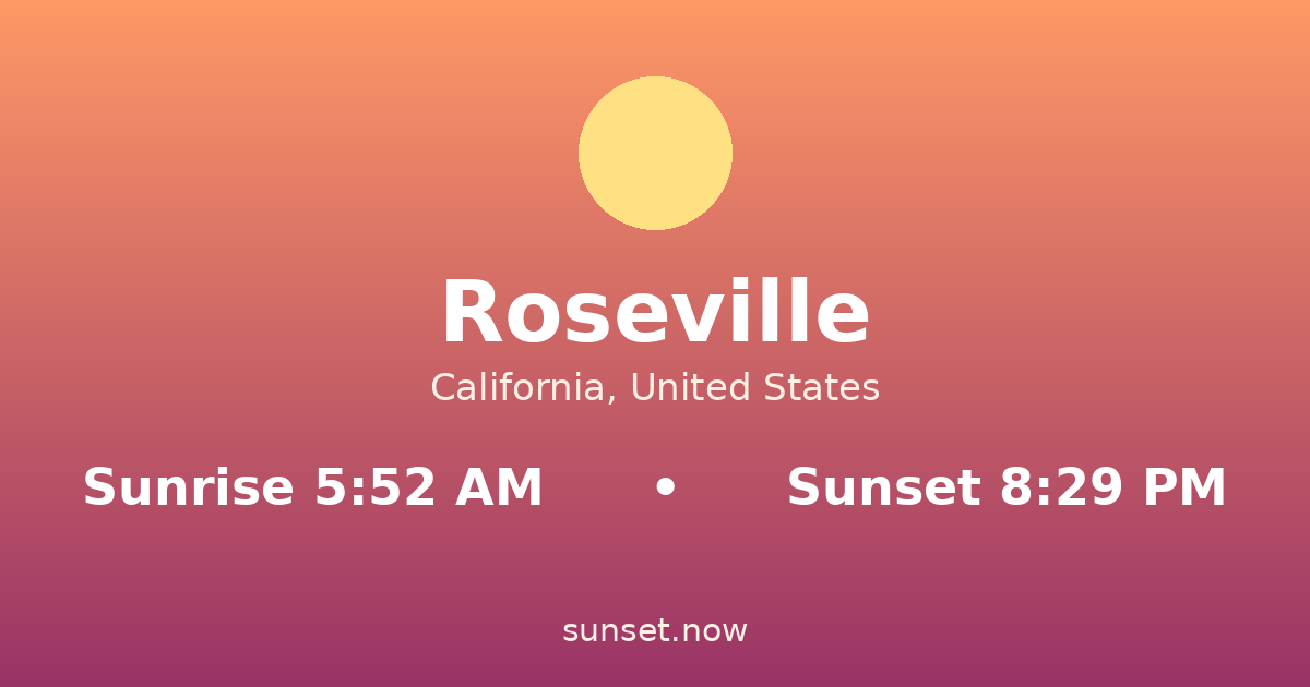 Sunrise & sunset times in Roseville, California — sunrise 5:52 AM, sunset 8:29 PM