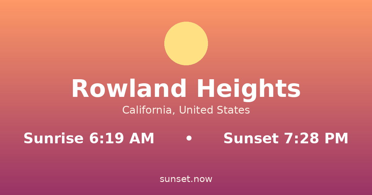 Sunrise & sunset times in Rowland Heights, California — sunrise 6:19 AM, sunset 7:28 PM