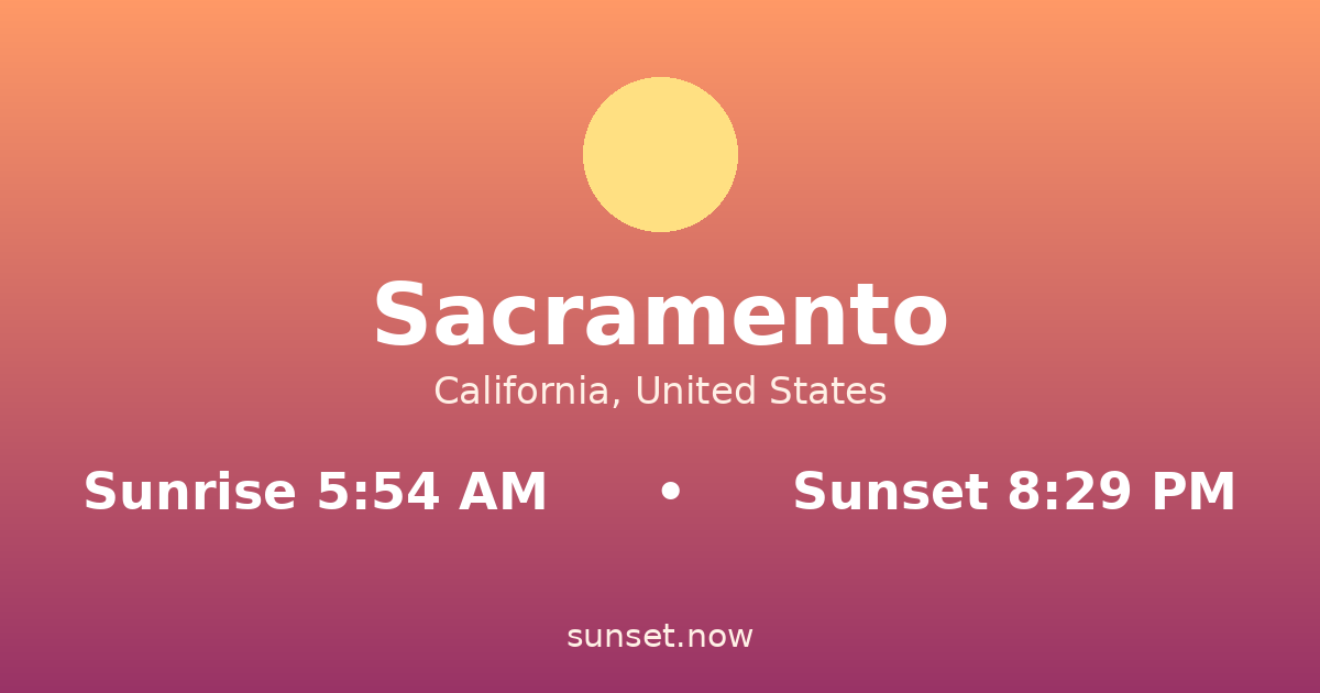 Sunrise & sunset times in Sacramento, California — sunrise 5:54 AM, sunset 8:29 PM