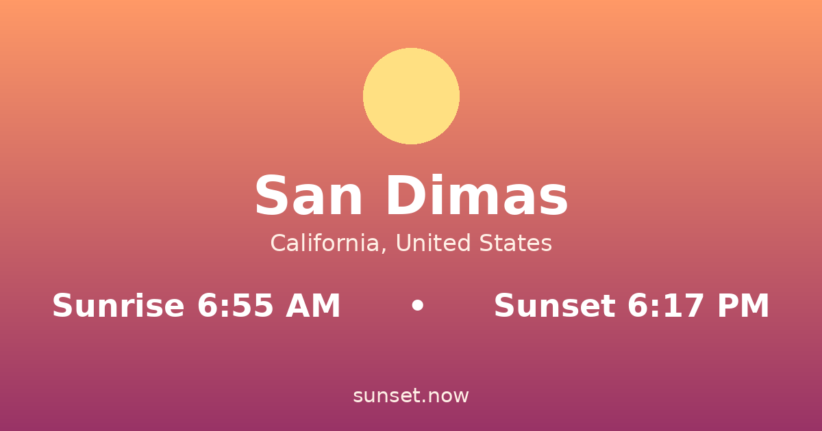 Sunrise & sunset times in San Dimas, California — sunrise 6:55 AM, sunset 6:17 PM