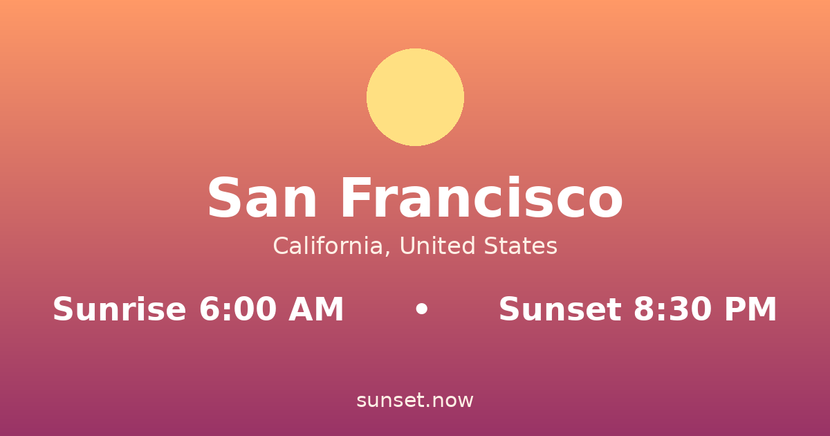 Sunrise & sunset times in San Francisco, California — sunrise 6:00 AM, sunset 8:30 PM