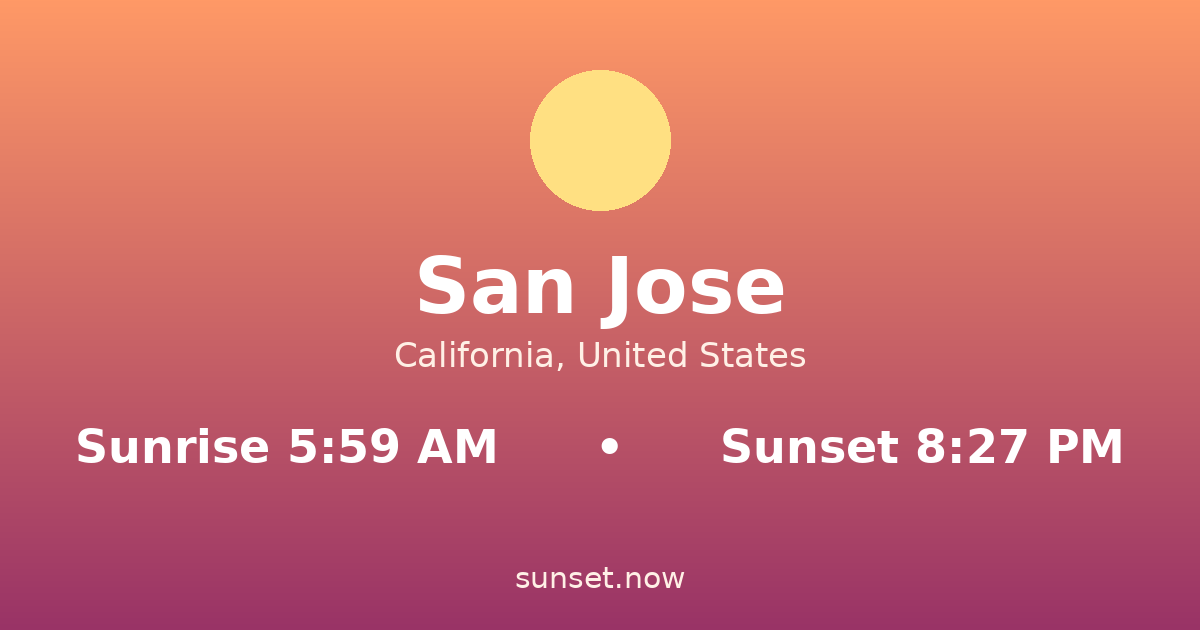 Sunrise & sunset times in San Jose, California — sunrise 5:59 AM, sunset 8:27 PM