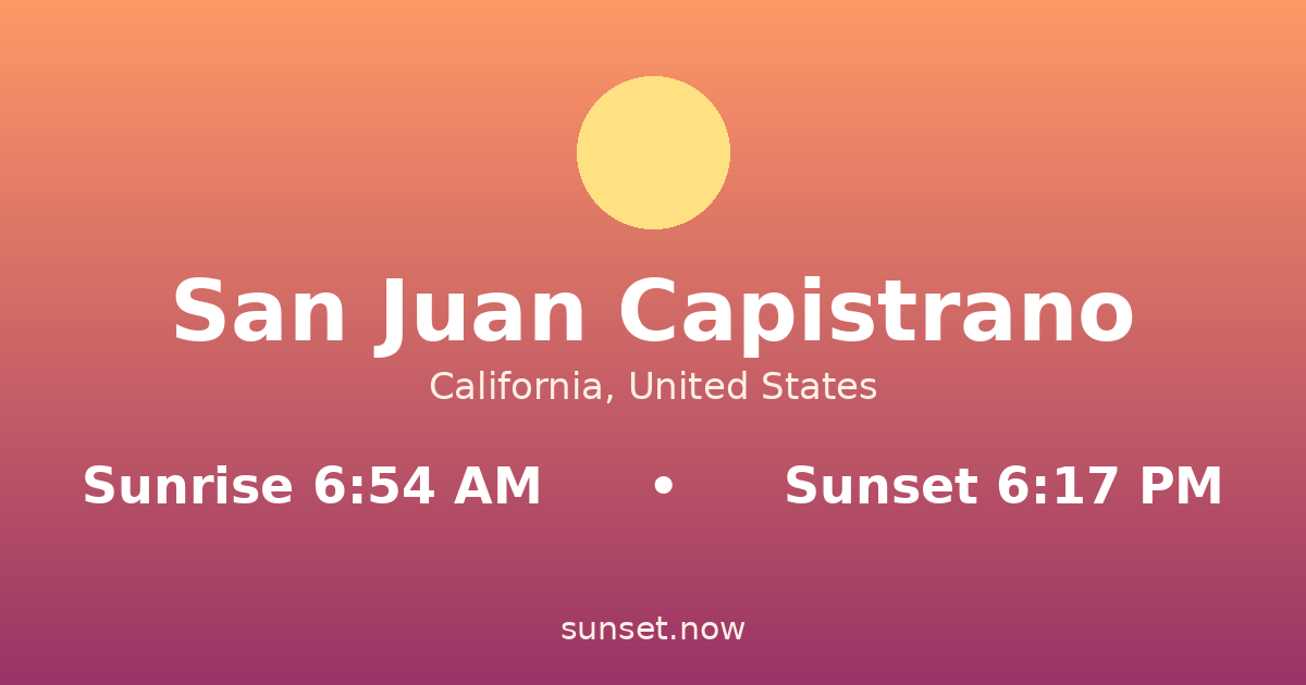 Sunrise & sunset times in San Juan Capistrano, California — sunrise 6:54 AM, sunset 6:17 PM