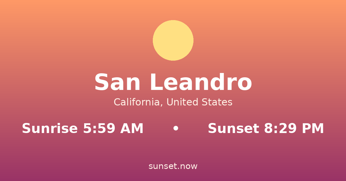 Sunrise & sunset times in San Leandro, California — sunrise 5:59 AM, sunset 8:29 PM