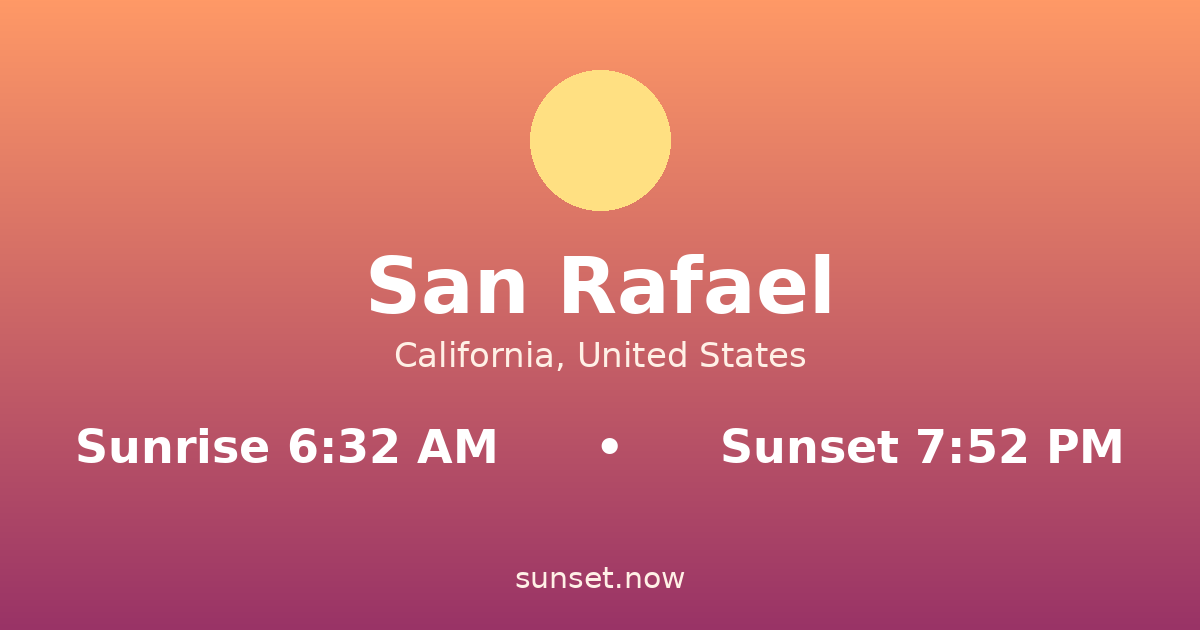 Sunrise & sunset times in San Rafael, California — sunrise 6:32 AM, sunset 7:52 PM
