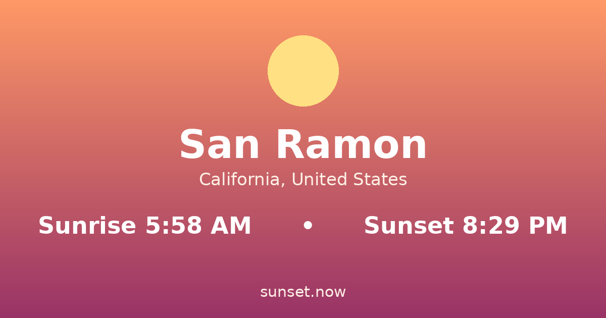 Sunrise & sunset times in San Ramon, California — sunrise 5:58 AM, sunset 8:29 PM