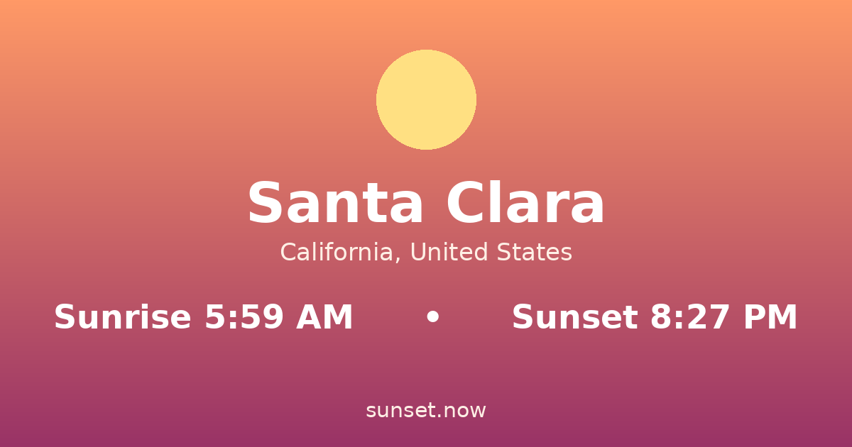 Sunrise & sunset times in Santa Clara, California — sunrise 5:59 AM, sunset 8:27 PM