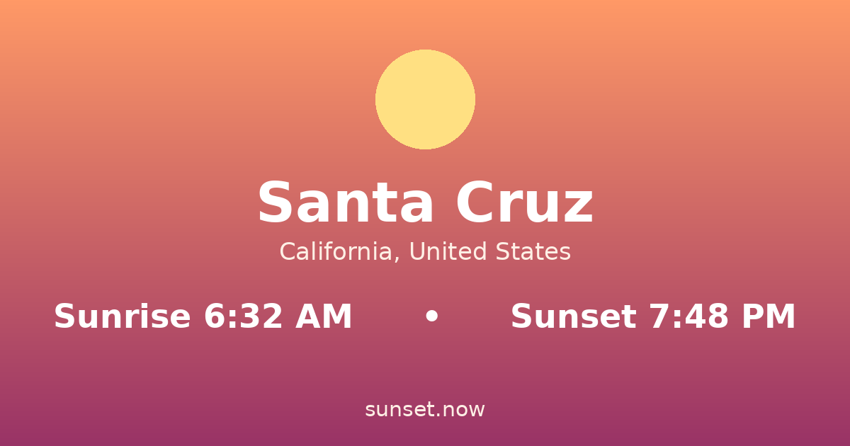 Sunrise & sunset times in Santa Cruz, California — sunrise 6:32 AM, sunset 7:48 PM