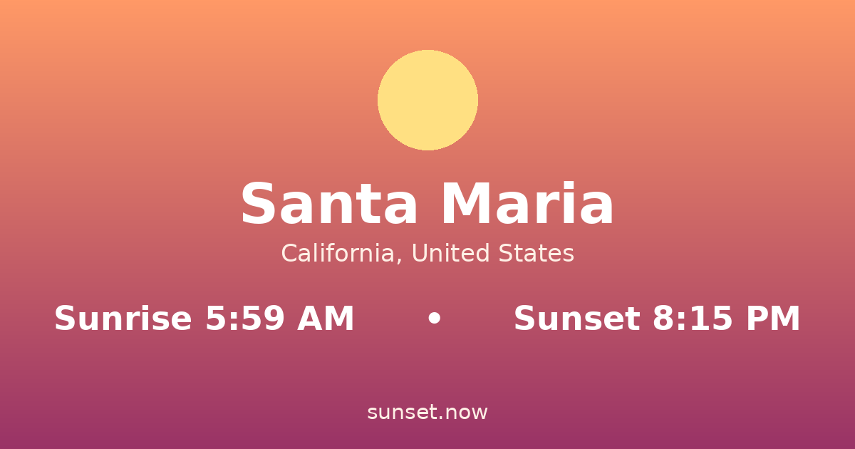 Sunrise & sunset times in Santa Maria, California — sunrise 5:59 AM, sunset 8:15 PM