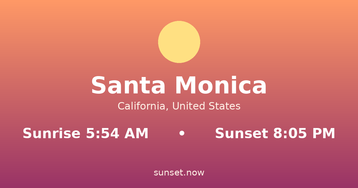 Sunrise & sunset times in Santa Monica, California — sunrise 5:54 AM, sunset 8:05 PM