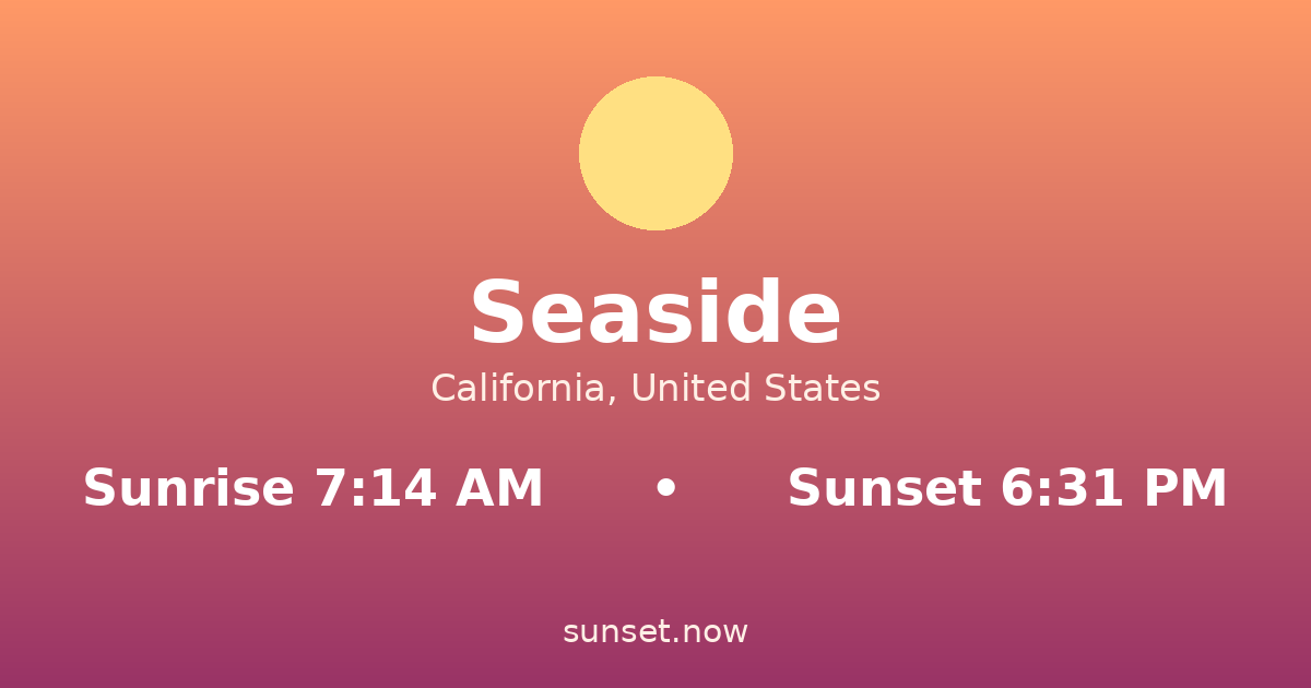 Sunrise & sunset times in Seaside, California — sunrise 7:14 AM, sunset 6:31 PM
