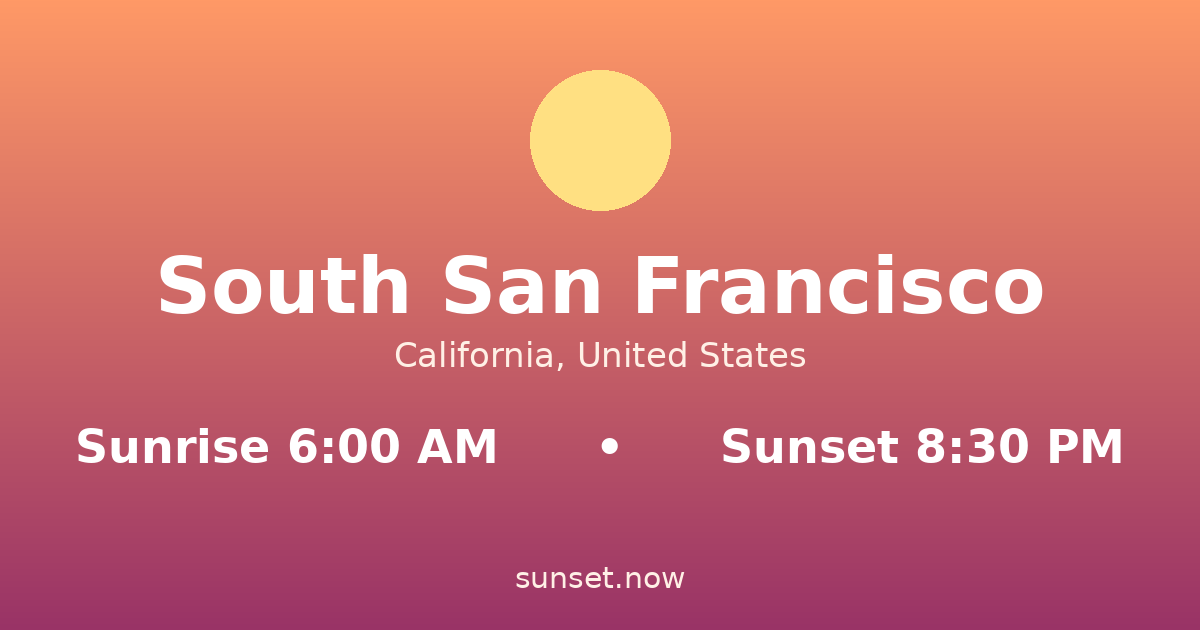 Sunrise & sunset times in South San Francisco, California — sunrise 6:00 AM, sunset 8:30 PM