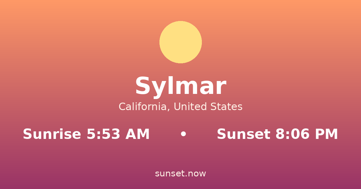 Sunrise & sunset times in Sylmar, California — sunrise 5:53 AM, sunset 8:06 PM