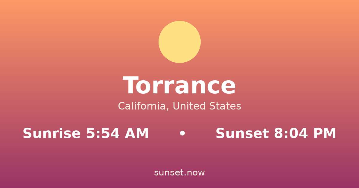 Sunrise & sunset times in Torrance, California — sunrise 5:54 AM, sunset 8:04 PM