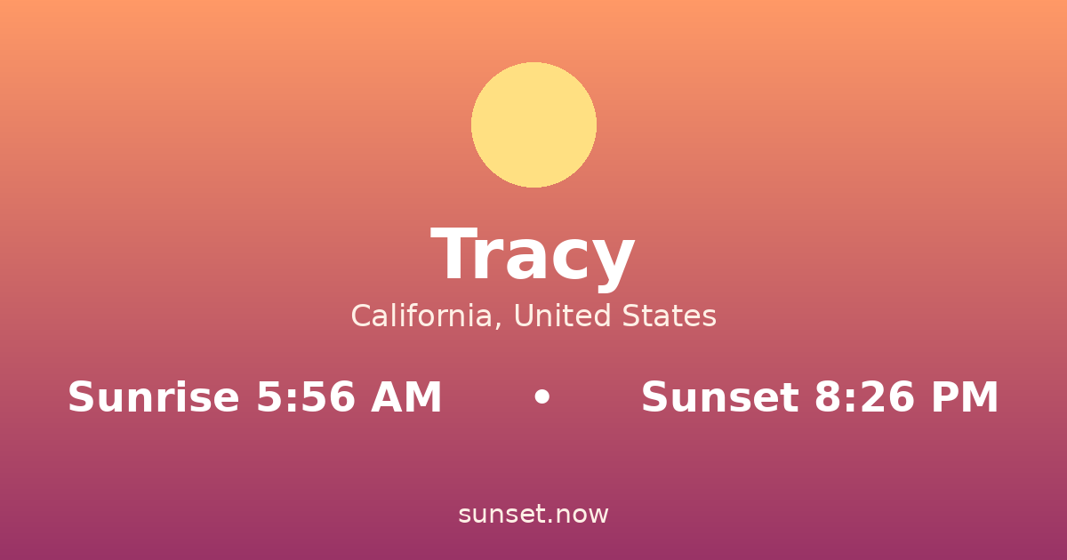 Sunrise & sunset times in Tracy, California — sunrise 5:56 AM, sunset 8:26 PM