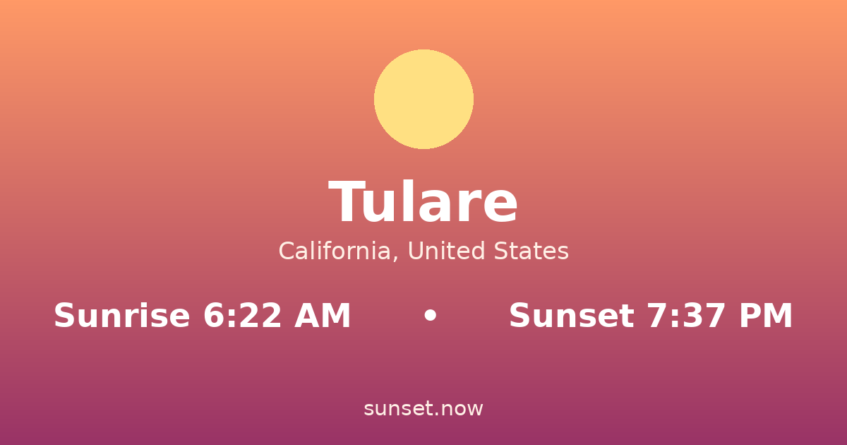 Sunrise & sunset times in Tulare, California — sunrise 6:22 AM, sunset 7:37 PM