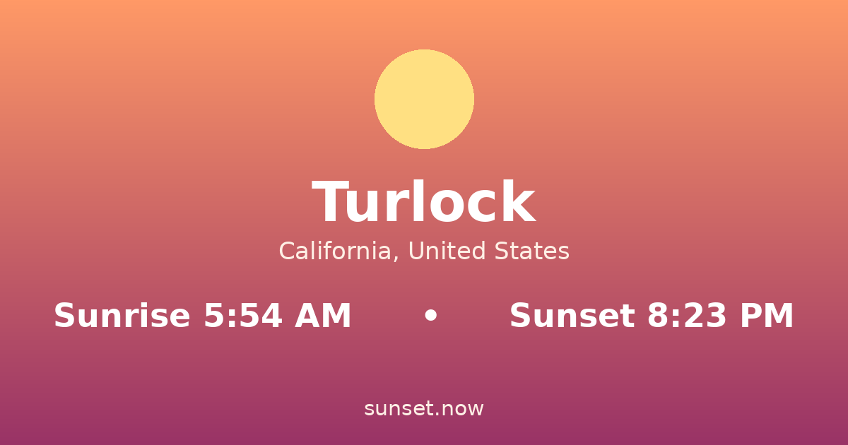 Sunrise & sunset times in Turlock, California — sunrise 5:54 AM, sunset 8:23 PM