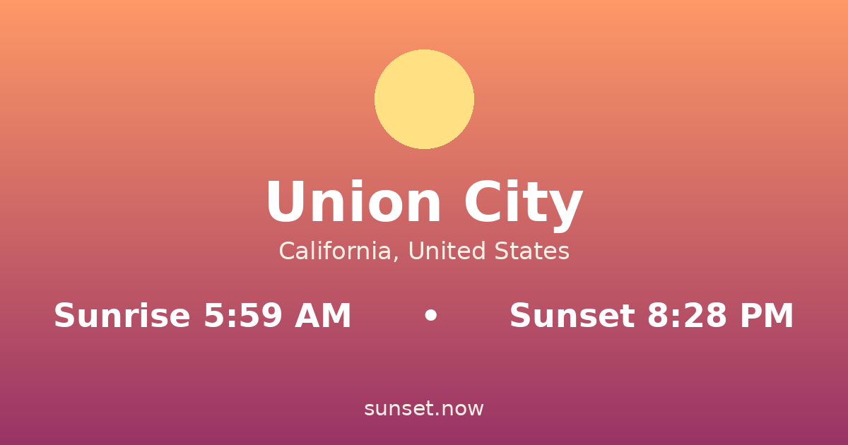 Sunrise & sunset times in Union City, California — sunrise 5:59 AM, sunset 8:28 PM