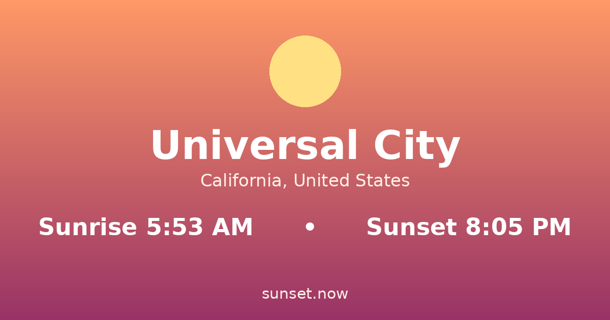 Sunrise & sunset times in Universal City, California — sunrise 5:53 AM, sunset 8:05 PM