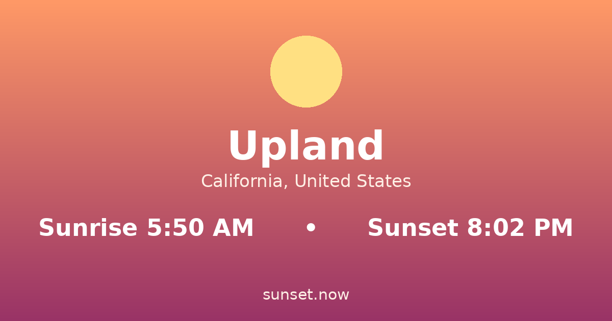 Sunrise & sunset times in Upland, California — sunrise 5:50 AM, sunset 8:02 PM