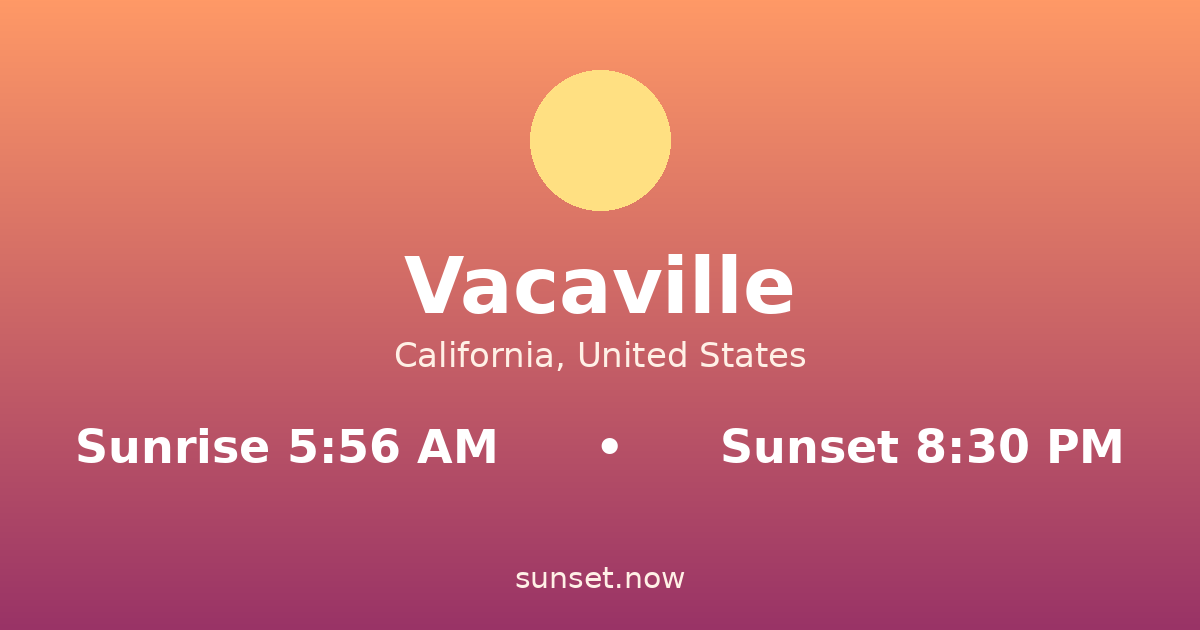 Sunrise & sunset times in Vacaville, California — sunrise 5:56 AM, sunset 8:30 PM