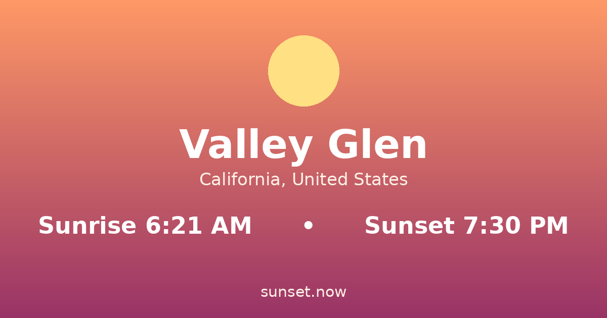 Sunrise & sunset times in Valley Glen, California — sunrise 6:21 AM, sunset 7:30 PM