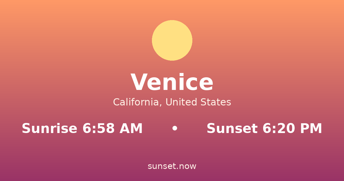 Sunrise & sunset times in Venice, California — sunrise 6:58 AM, sunset 6:20 PM