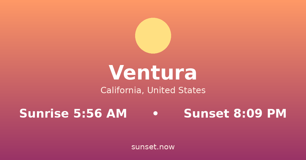 Sunrise & sunset times in Ventura, California — sunrise 5:56 AM, sunset 8:09 PM