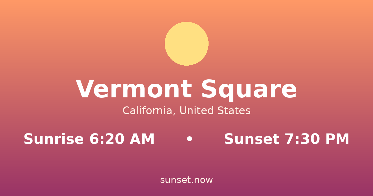 Sunrise & sunset times in Vermont Square, California — sunrise 6:20 AM, sunset 7:30 PM