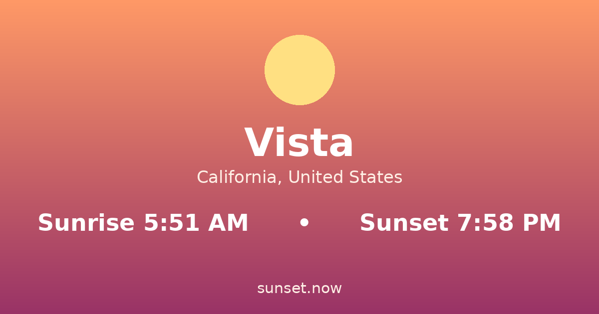 Sunrise & sunset times in Vista, California — sunrise 5:51 AM, sunset 7:58 PM