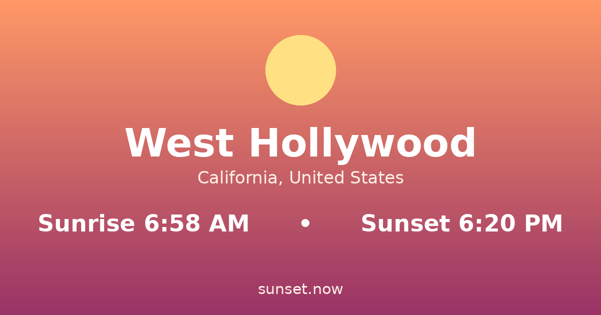 Sunrise & sunset times in West Hollywood, California — sunrise 6:58 AM, sunset 6:20 PM