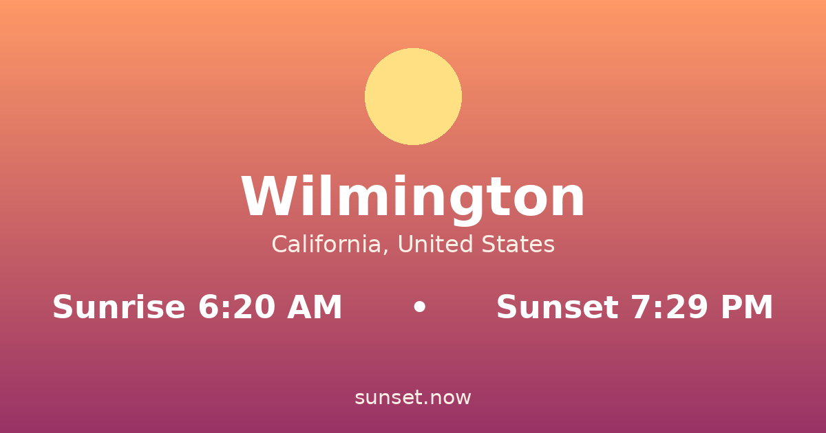 Sunrise & sunset times in Wilmington, California — sunrise 6:20 AM, sunset 7:29 PM