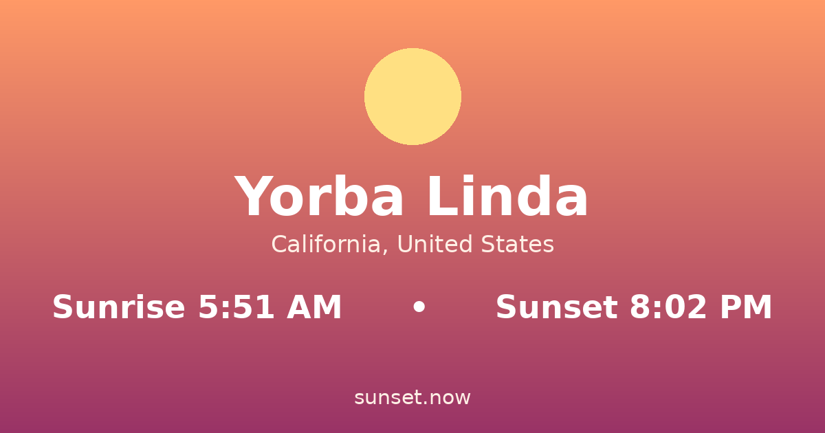 Sunrise & sunset times in Yorba Linda, California — sunrise 5:51 AM, sunset 8:02 PM