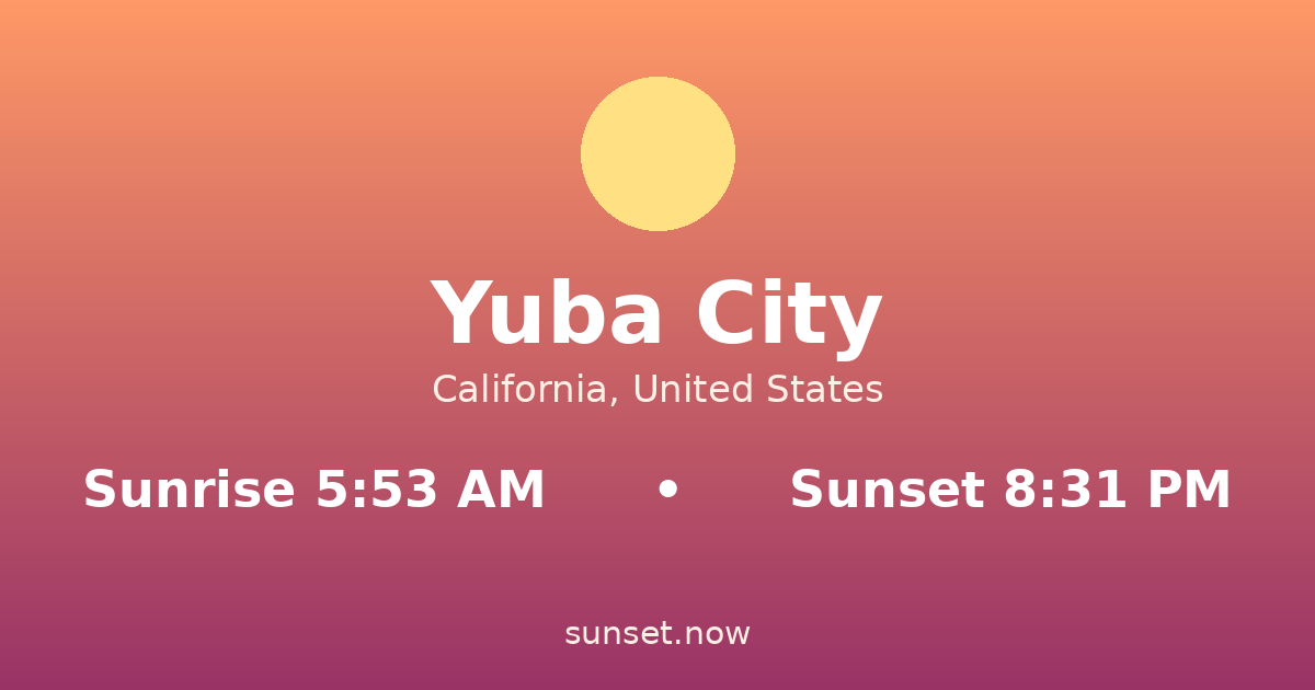Sunrise & sunset times in Yuba City, California — sunrise 5:53 AM, sunset 8:31 PM